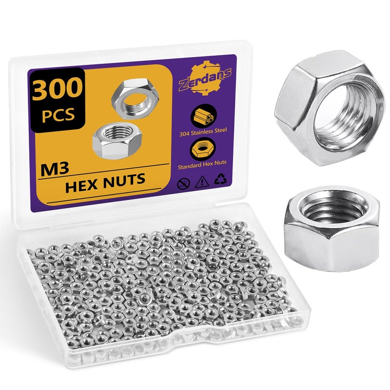ZerDans M3 Hex Nuts, 300Pcs Metric 304 Stainless Steel Metal M3-0.5mm Hexagonal Nuts Hardware Set for Bolt for Furniture, Automotive, Industry and Construction, Full Thread - Image 1